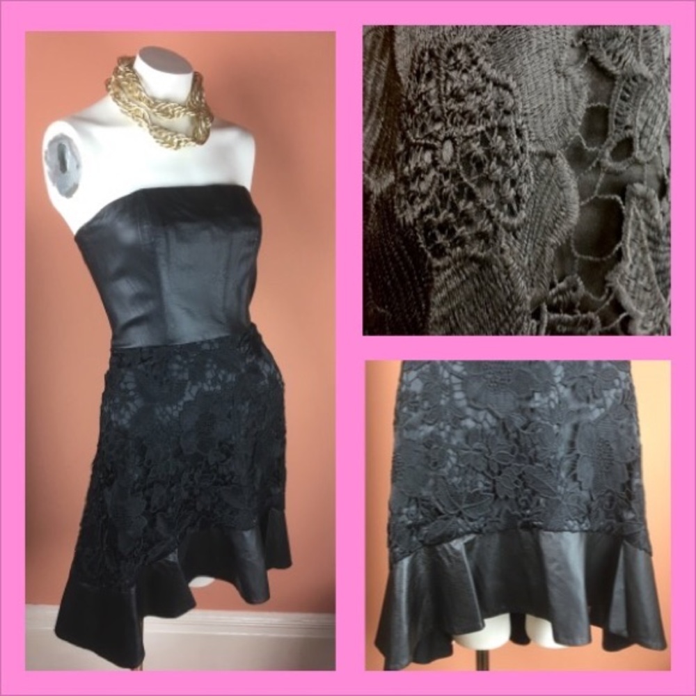 Bebe Y2K Black Leather and Lace Strapless Dress - XS